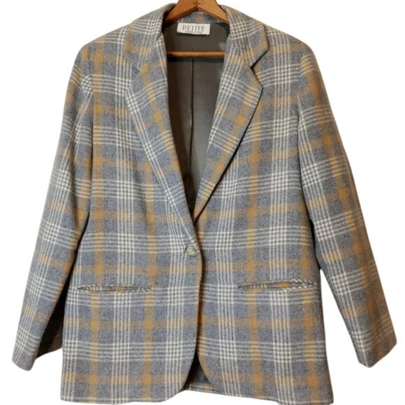 Vintage Y2K Petite Sophisticate Blazer Wool Blend Gray Plaid Lined Preppy SZ 6 - Picture 1 of 14